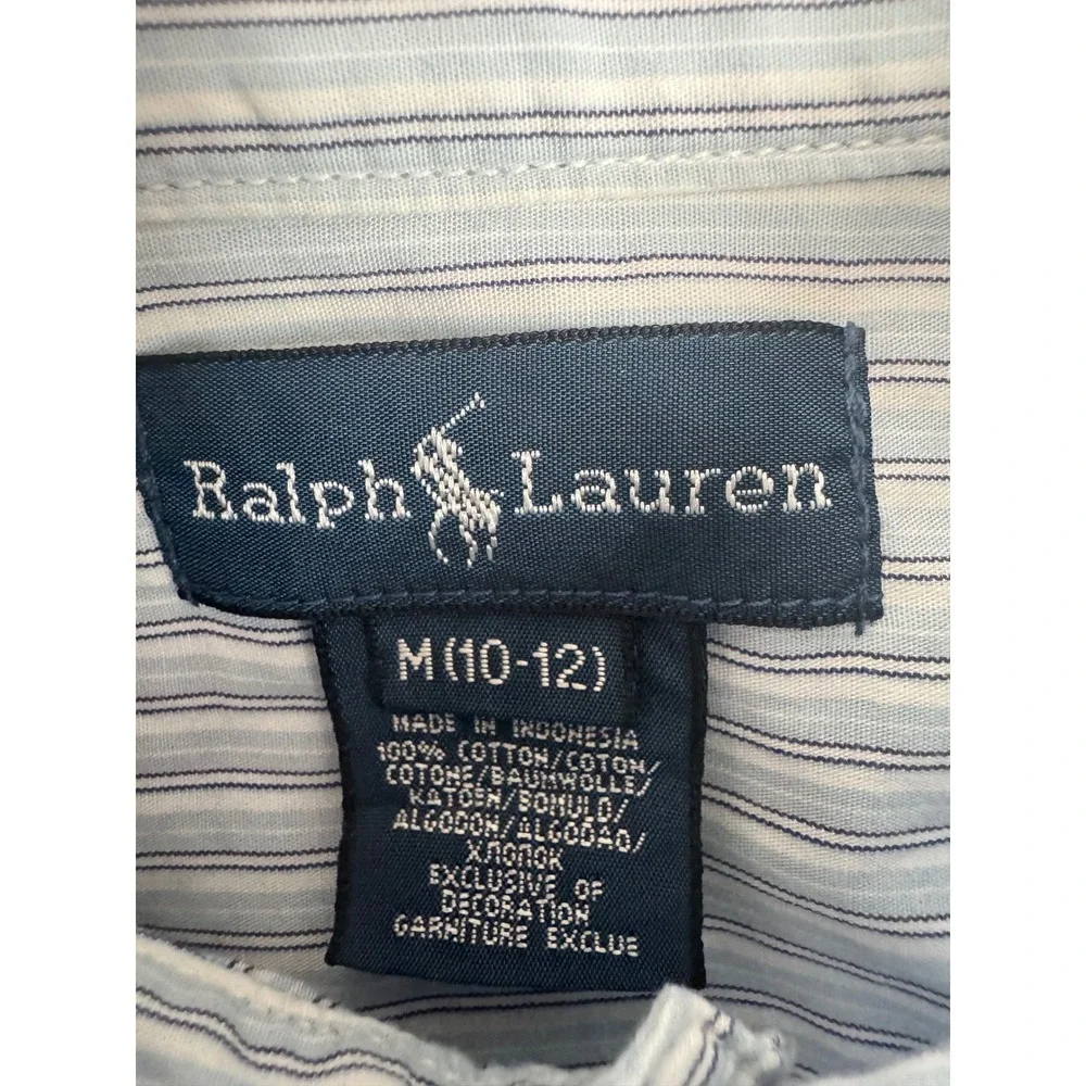 Ralph Lauren Boys Striped‎ Button Down Shirt Blue White Pony Logo Size M (10-12)